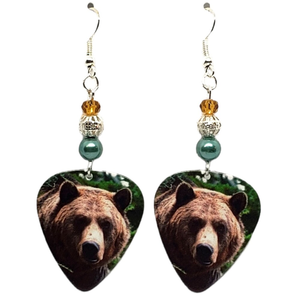 Grizzly BEAR on Guitar Pick Beaded Animal Earrings - Handmade in USA New SALE!